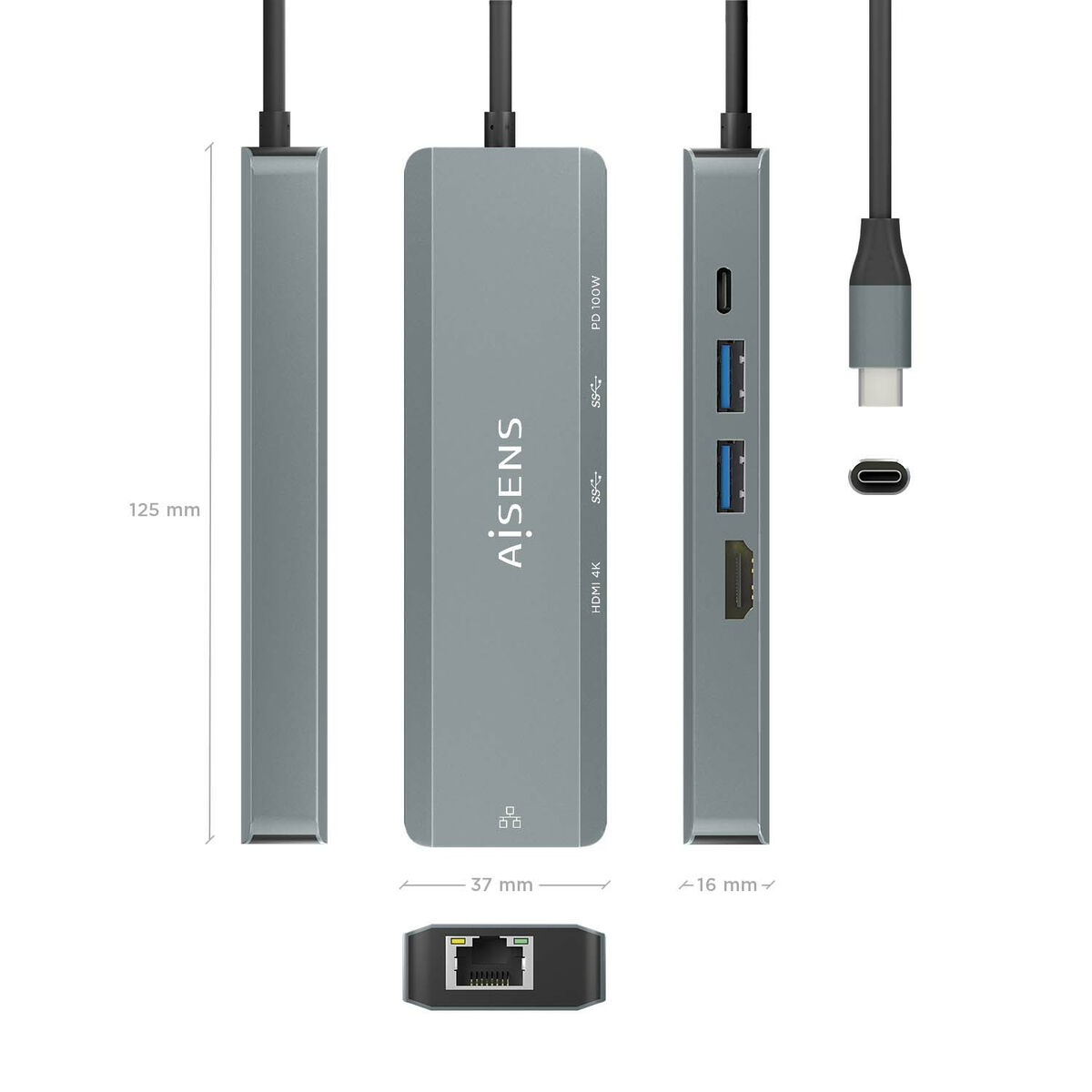 Hub USB Aisens ASUC-5P011-GR Grijs